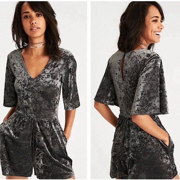 American Eagle Outfitters Pants - American Eagle Soft & Sexy Olive Green Gray Crushed Velvet Pocket Romper